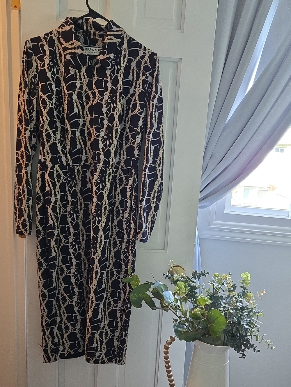Chiara Boni Black and Cream Chain-Print Long-Sleeve Dress